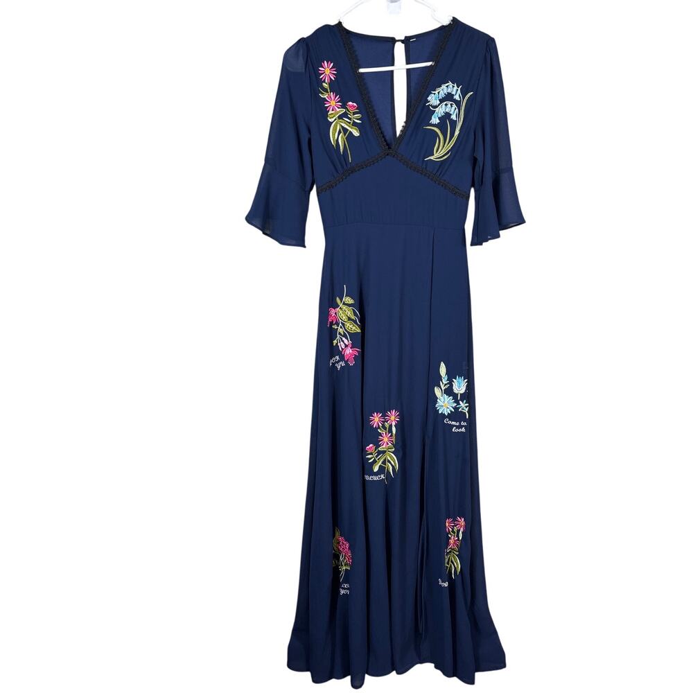 Hope & Ivy The Heather Maxi Dress‎ Women's Embroidered Frill Sleeve Thigh Split